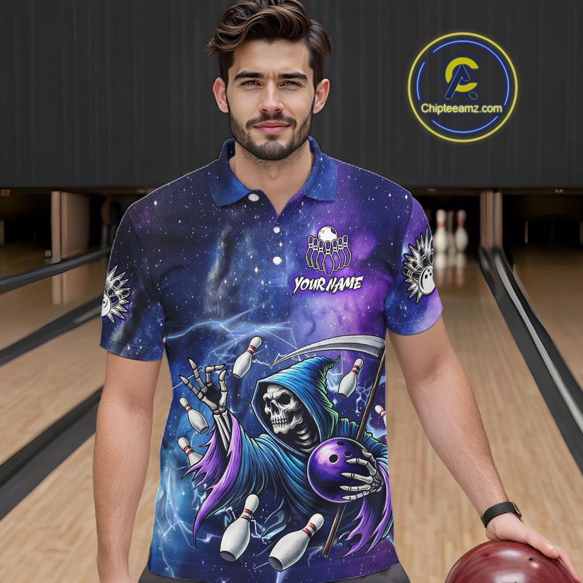 Funny Grim Reaper Blue Purple Galaxy Bowling Shirt For Men Custom Glowing Bowling Jersey Outfit TDM5862
