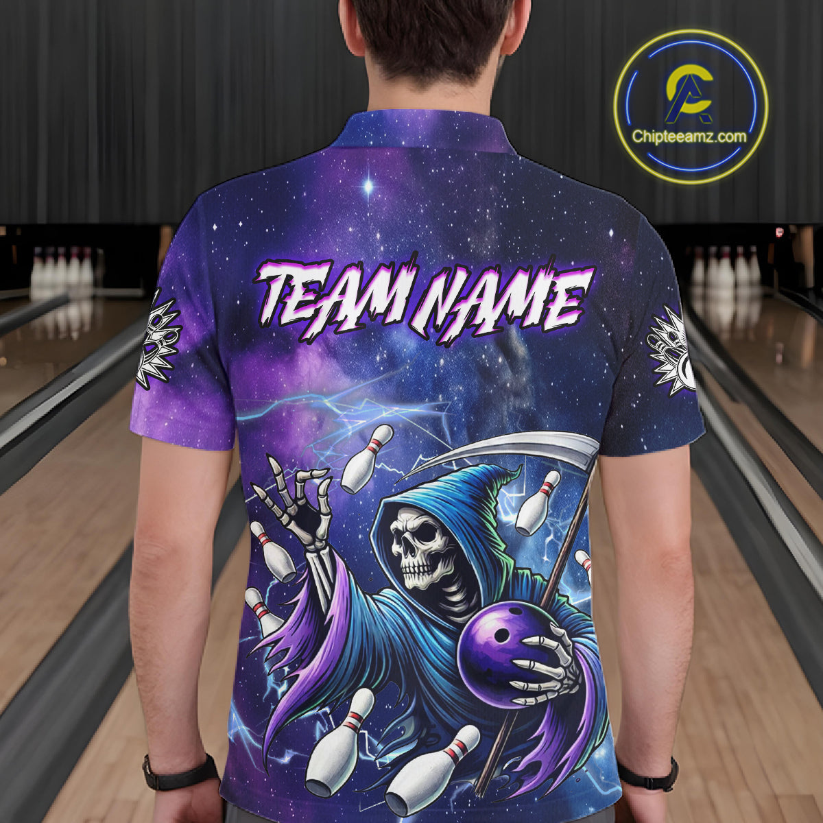 Funny Grim Reaper Blue Purple Galaxy Bowling Shirt For Men Custom Glowing Bowling Jersey Outfit TDM5862
