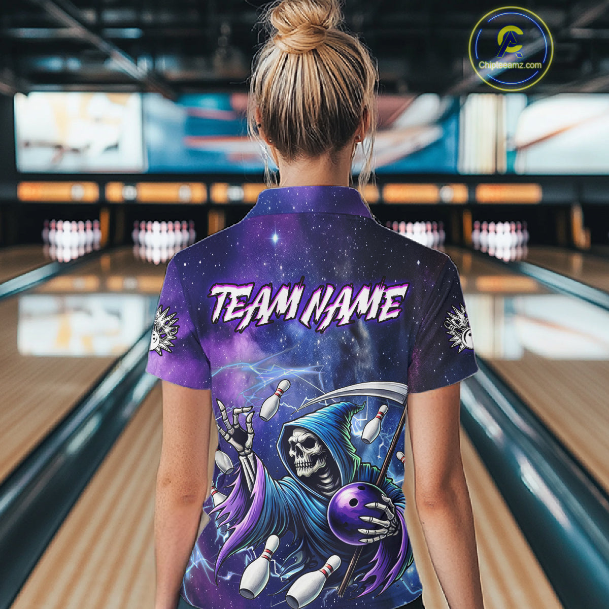 Funny Grim Reaper Blue Purple Galaxy Bowling Shirt For Women Custom Glowing Bowling Jersey Outfit TDM5862