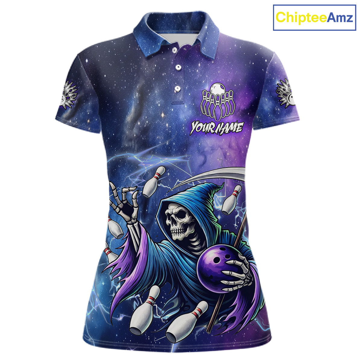 Funny Grim Reaper Blue Purple Galaxy Bowling Shirt For Women Custom Glowing Bowling Jersey Outfit TDM5862