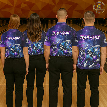 Funny Grim Reaper Blue Purple Galaxy Bowling Shirt For Women Custom Glowing Bowling Jersey Outfit TDM5862