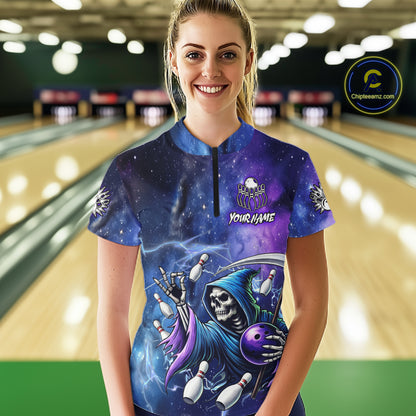 Funny Grim Reaper Blue Purple Galaxy Bowling Shirt For Women Custom Glowing Bowling Jersey Outfit TDM5862