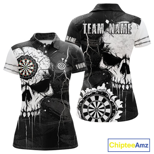 Custom Black And White Grunge Skull Dart Shirts For Women | Team Darts Jerseys - Polo & Quarter Zip TDM3955