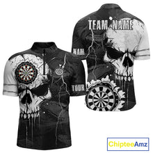 Load image into Gallery viewer, Custom Black And White Grunge Skull Dart Shirts For Men | Team Darts Jerseys - Polo &amp; Quarter Zip TDM3955