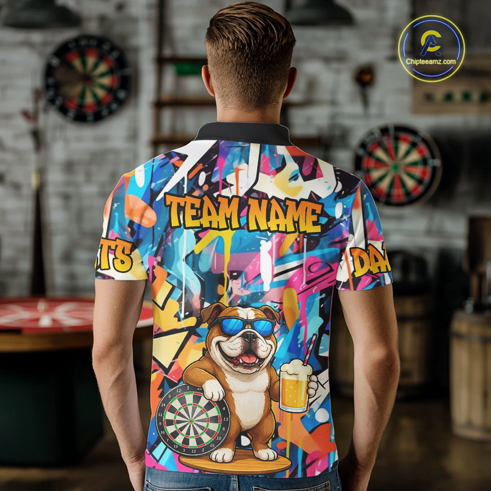 Funny Bulldog Colorful Graffiti Darts Shirt For Men Custom Darts Team Jersey Polo & 1/4 Zip TDM6464