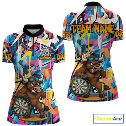 Funny Bull Colorful Graffiti Darts Shirt For Women Custom Darts Team Jersey Polo & 1/4 Zip TDM6465