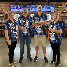 Load image into Gallery viewer, Darts team wearing matching blue camo skull darts jerseys during tournament matches front view.