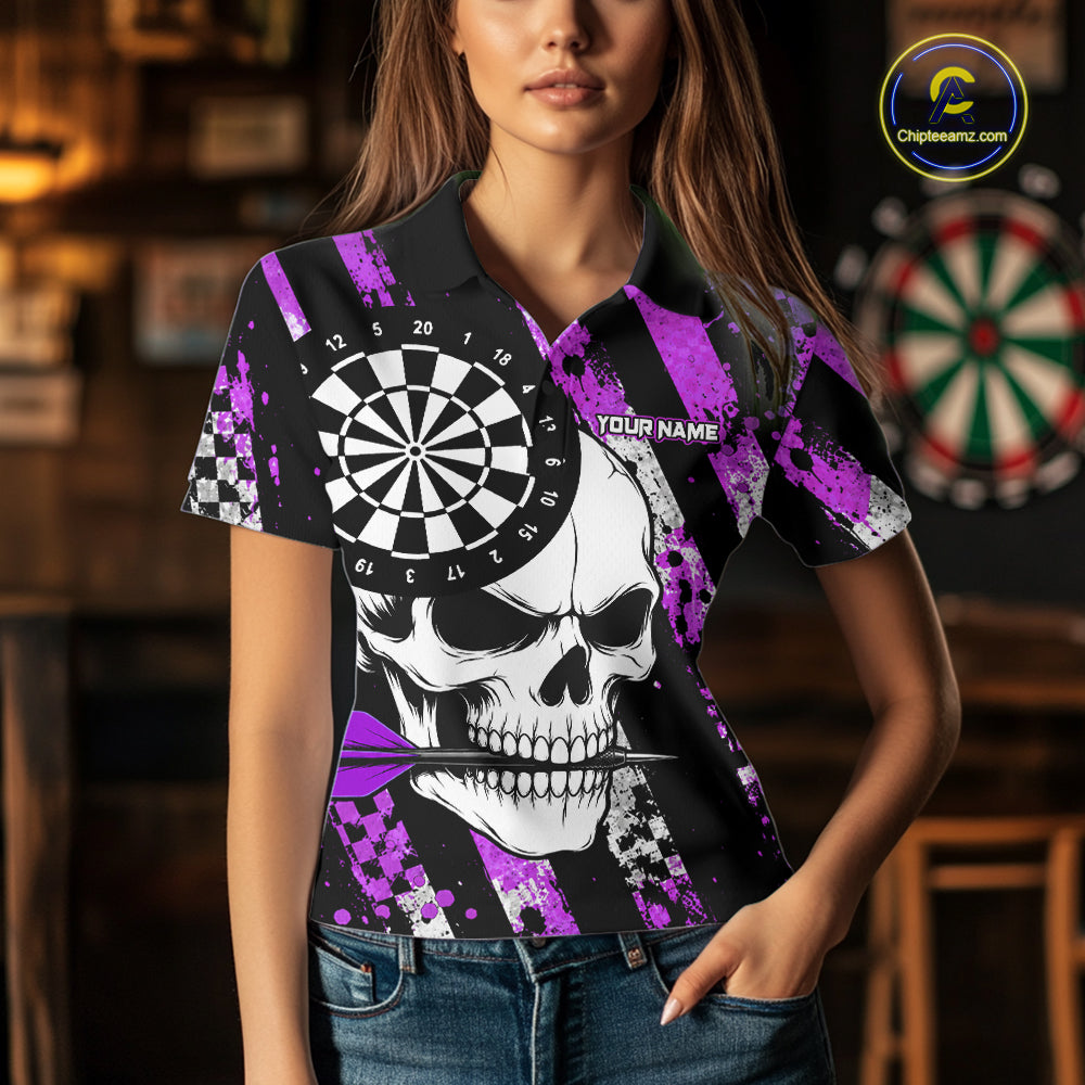 Woman wearing a purple camo skull darts jersey at a darts venue front view.