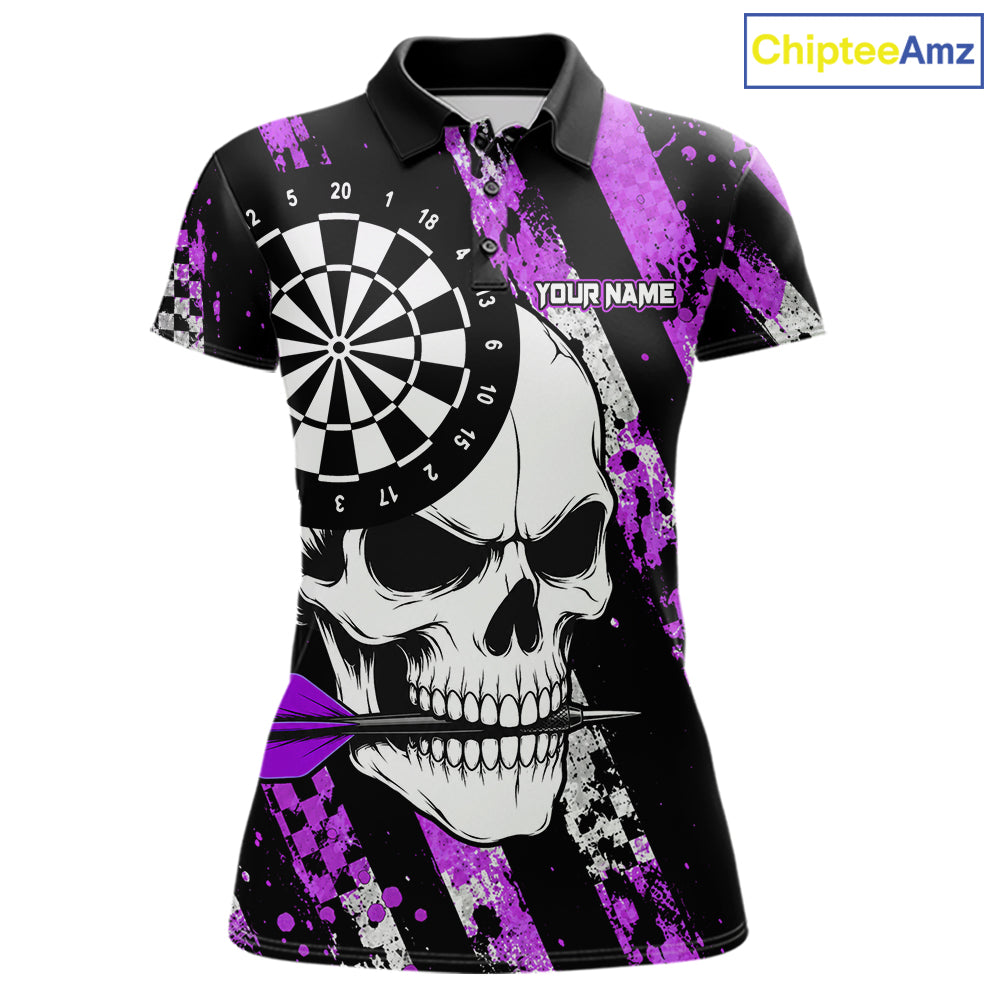 Purple camo stripes skull darts polo shirt for women with custom league team graphics.