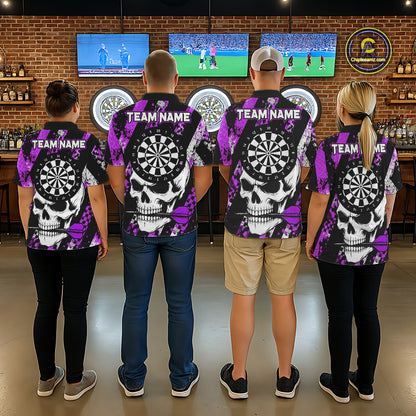Back view of darts players wearing matching purple camo skull darts shirts at a competition venue.