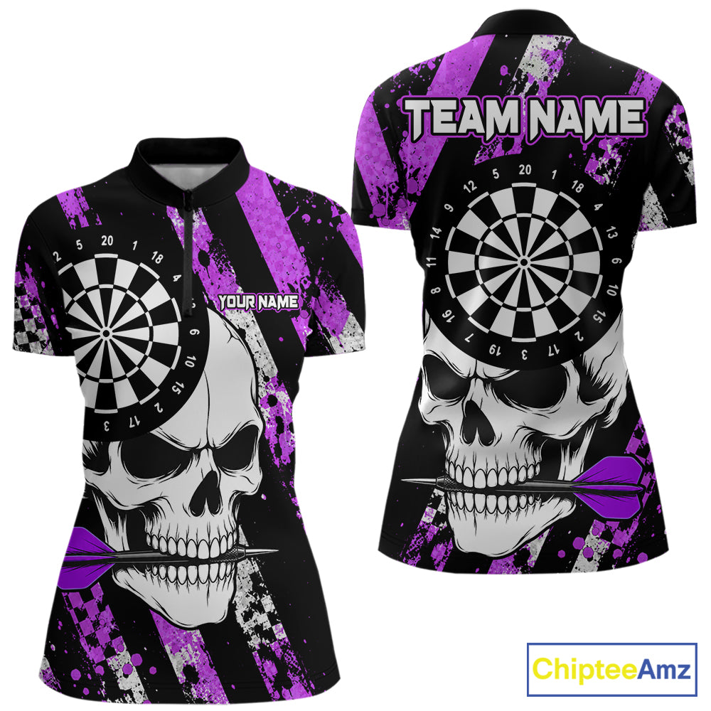 Purple camo stripes skull darts quarter zip shirt for women designed for tournaments and team competition.