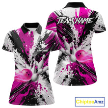 Load image into Gallery viewer, Pink splatter bowling ball and pins bowling polo shirt for women with custom league team graphics.