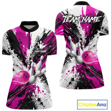 Load image into Gallery viewer, Pink splatter bowling ball and pins bowling quarter zip shirt for women built for tournaments and team events.