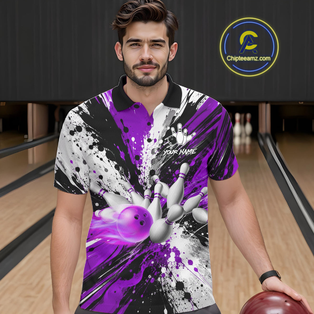 Man wearing a purple splatter bowling polo shirt at a bowling alley front view.