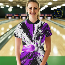 Load image into Gallery viewer, Woman wearing a purple splatter bowling quarter zip jersey during league competition front view.