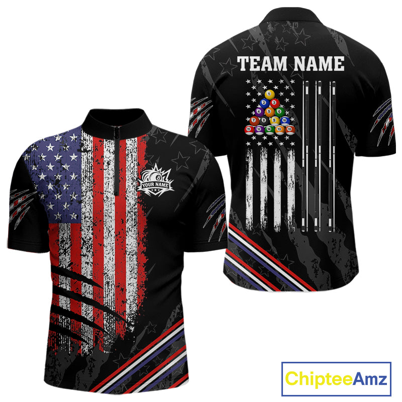 Personalized American Flag Billiard Shirt For Men Custom Grunge Vintage Patriotic Pool Team Jersey TDM4499