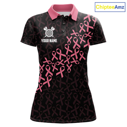 Pink Ribbons Patriotic American Flag Breast Cancer Awareness Darts Polo Shirt for Women Featuring Inspirational Pink Ribbon Artwork for Dart League Players, Team Competition, and Awareness Events