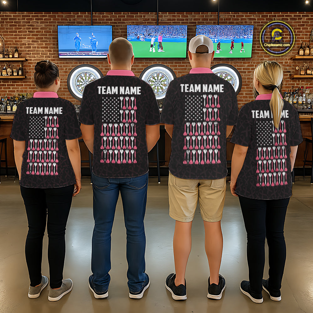 Dart Team Wearing Pink Ribbons Patriotic American Flag Custom Darts Team Jerseys Featuring the Complete Back Artwork, Back View