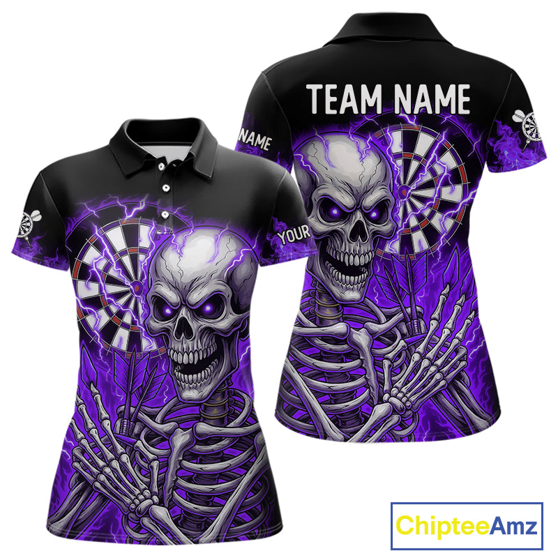 Purple Flaming Lightning Skeleton Darts Shirt For Women Custom Skull Dart Jersey Team Polo & 1/4 Zip TDM4739