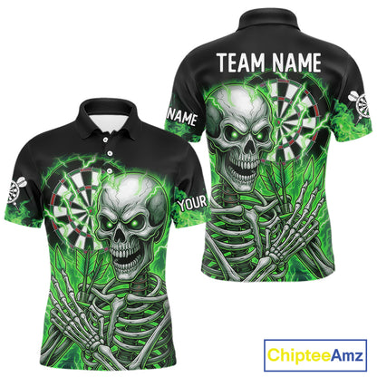 Green Flaming Lightning Skeleton Darts Shirt For Men Custom Skull Dart Jersey Team Polo & 1/4 Zip TDM4740