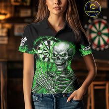 Load image into Gallery viewer, Green Flaming Lightning Skeleton Darts Shirt For Women Custom Skull Dart Jersey Team Polo &amp; 1/4 Zip TDM4740