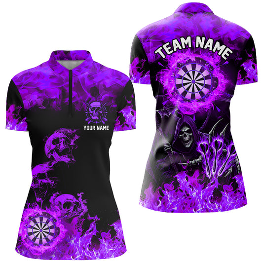 Fire Flame Darts Board Custom Skull Dart Shirts For Women, Grim Reaper Dart Jerseys | Purple TDM2905
