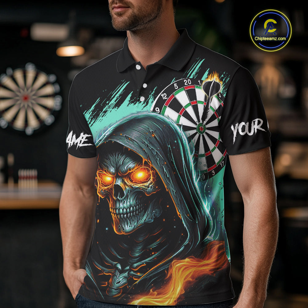 Personalized Grim Reaper Fire Dart Shirts For Men Custom Skull Dart Jersey Polo & 1/4 Zip |Turquoise TDM5370
