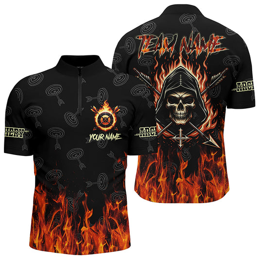 Archery Skull Fire Custom Target Pattern Men Quarter-Zip Shirt, Archery Shirts For Archer TDM1049