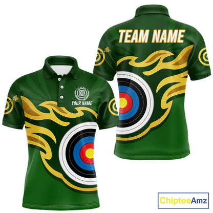 Personalized Green Archery Flame Polo & 1/4 Zip For Men Custom Golden Archery Team Jersey TDM5871