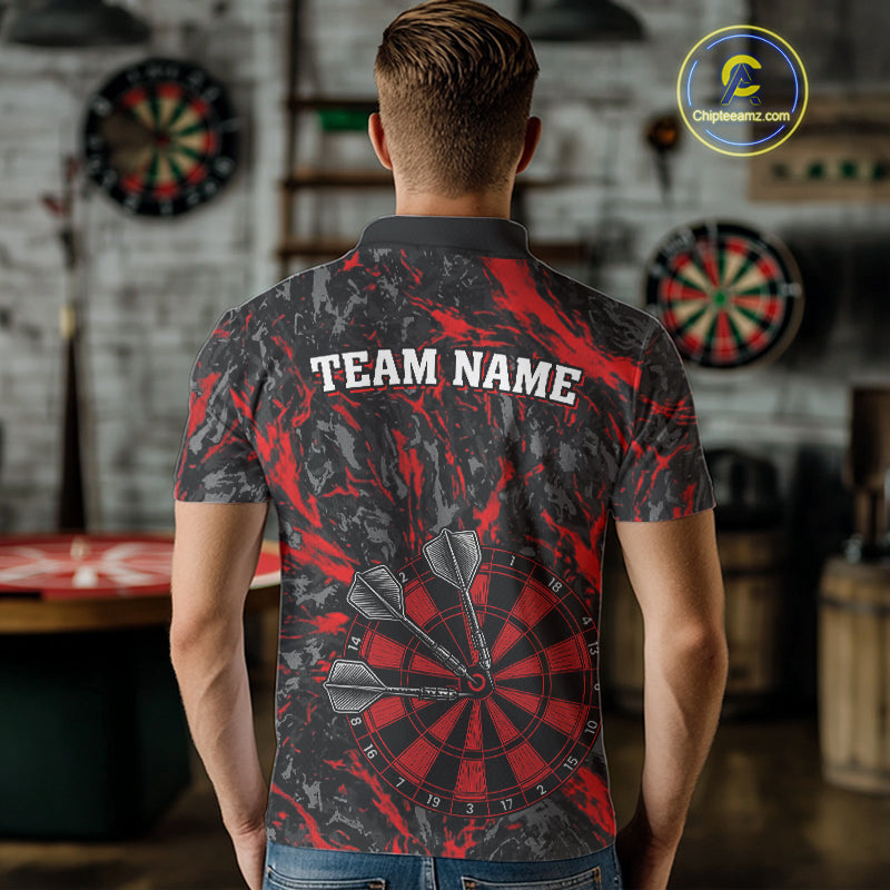 Custom Black And Red Grunge Camo Dart Shirts For Men, Camouflage Dart Team Jersey Polo & 1/4 Zip TDM3959