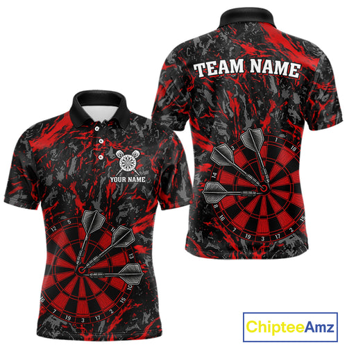 Custom Black And Red Grunge Camo Dart Shirts For Men, Camouflage Dart Team Jersey Polo & 1/4 Zip TDM3959