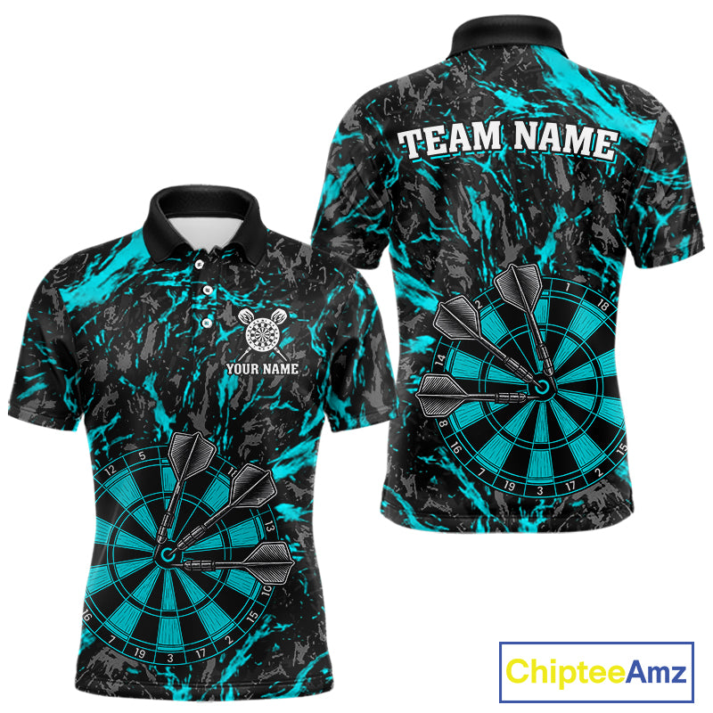 Custom Black And Blue Grunge Camo Dart Shirts For Men, Camouflage Dart Team Jersey Polo & 1/4 Zip TDM3960