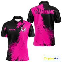 Load image into Gallery viewer, Custom Pink and Black Strike Bowling Shirt design featuring bold bowling pins, bowling ball graphics and vibrant pink and black colors on a custom polo bowling shirt for men