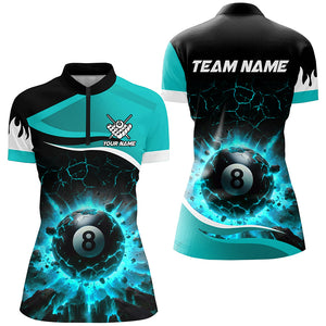 Personalized Turquoise 8 Ball Pool Crack Flame Women Billiard Jersey, Team League Billiard Team Shirts TDM2440