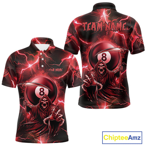 Red Grim Reaper 8 Ball Billiard Shirt For Men Custom Funny Thunder Lightning Pool Team Jersey TDM4935