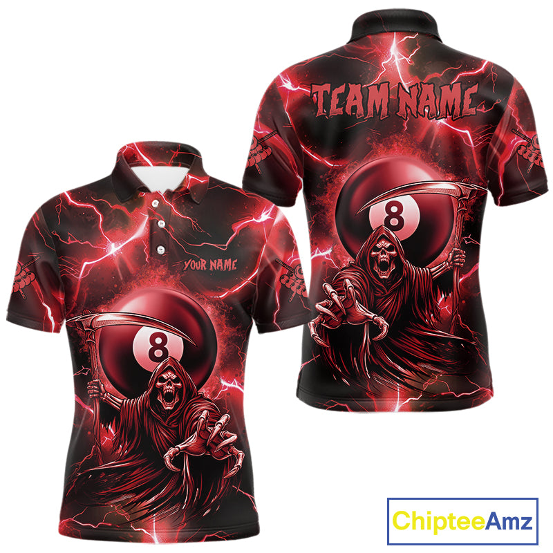 Red Grim Reaper 8 Ball Billiard Shirt For Men Custom Funny Thunder Lightning Pool Team Jersey TDM4935