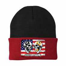 Load image into Gallery viewer, Funny Skull 8&amp;9 Ball Billiard Knit Beanie Hat Rectangle Patch Custom US Flag Pool Player Knit Hat TDM4942