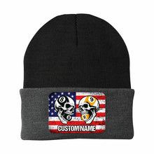 Load image into Gallery viewer, Funny Skull 8&amp;9 Ball Billiard Knit Beanie Hat Rectangle Patch Custom US Flag Pool Player Knit Hat TDM4942
