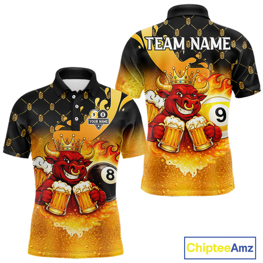 Funny Bull And Beer 8 Ball 9 Ball Billiard Shirt For Men Custom Billiard Team Jersey Polo, 1/4 Zip TDM5646
