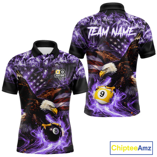 Purple Flaming Eagle 8 & 9 Ball Billiard Shirt For Men Custom US Flag Pool Jersey Polo, 1/4 Zip TDM6249
