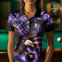Load image into Gallery viewer, Purple Flaming Eagle 8 &amp; 9 Ball Billiard Shirt For Women Custom US Flag Pool Jersey Polo, 1/4 Zip TDM6249
