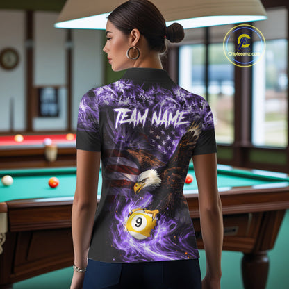 Purple Flaming Eagle 8 & 9 Ball Billiard Shirt For Women Custom US Flag Pool Jersey Polo, 1/4 Zip TDM6249
