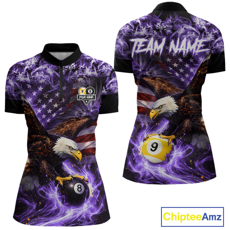 Purple Flaming Eagle 8 & 9 Ball Billiard Shirt For Women Custom US Flag Pool Jersey Polo, 1/4 Zip TDM6249