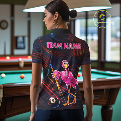 Funny Neon Flamingo 8 Ball Pool Billiard Shirt For Women Custom Billiard Team Jersey Polo & 1/4 Zip TDM6256
