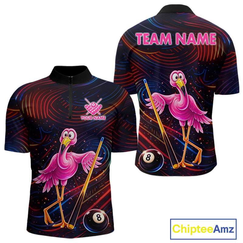Funny Neon Flamingo 8 Ball Pool Billiard Shirt For Men Custom Billiard Team Jersey Polo & 1/4 Zip TDM6256