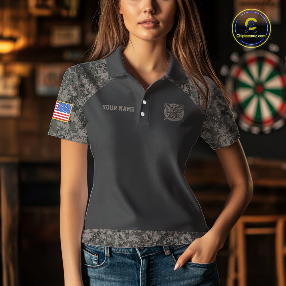 Personalized Retro Camo US Flag Darts Shirt For Women, Patriotic Darts Team Jersey Polo & 1/4 Zip TDM6260