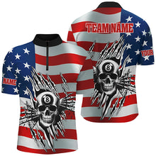 Load image into Gallery viewer, Personalized Billiard Skull American Flag Men Polo &amp; Quarter-Zip Shirts, Patriotic Billiard Jerseys TDM1751