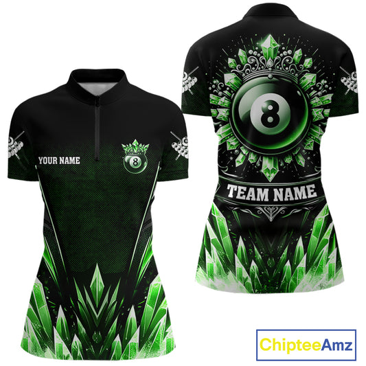 Personalized Green Icy 8 Ball Pool Crown Billiard Shirt For Women, Billiard Jersey Polo & 1/4 Zip TDM4305