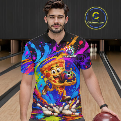 Man wearing funny pizza colorful bowling team jersey polo shirt featuring funny pizza bowling artwork, front view.
