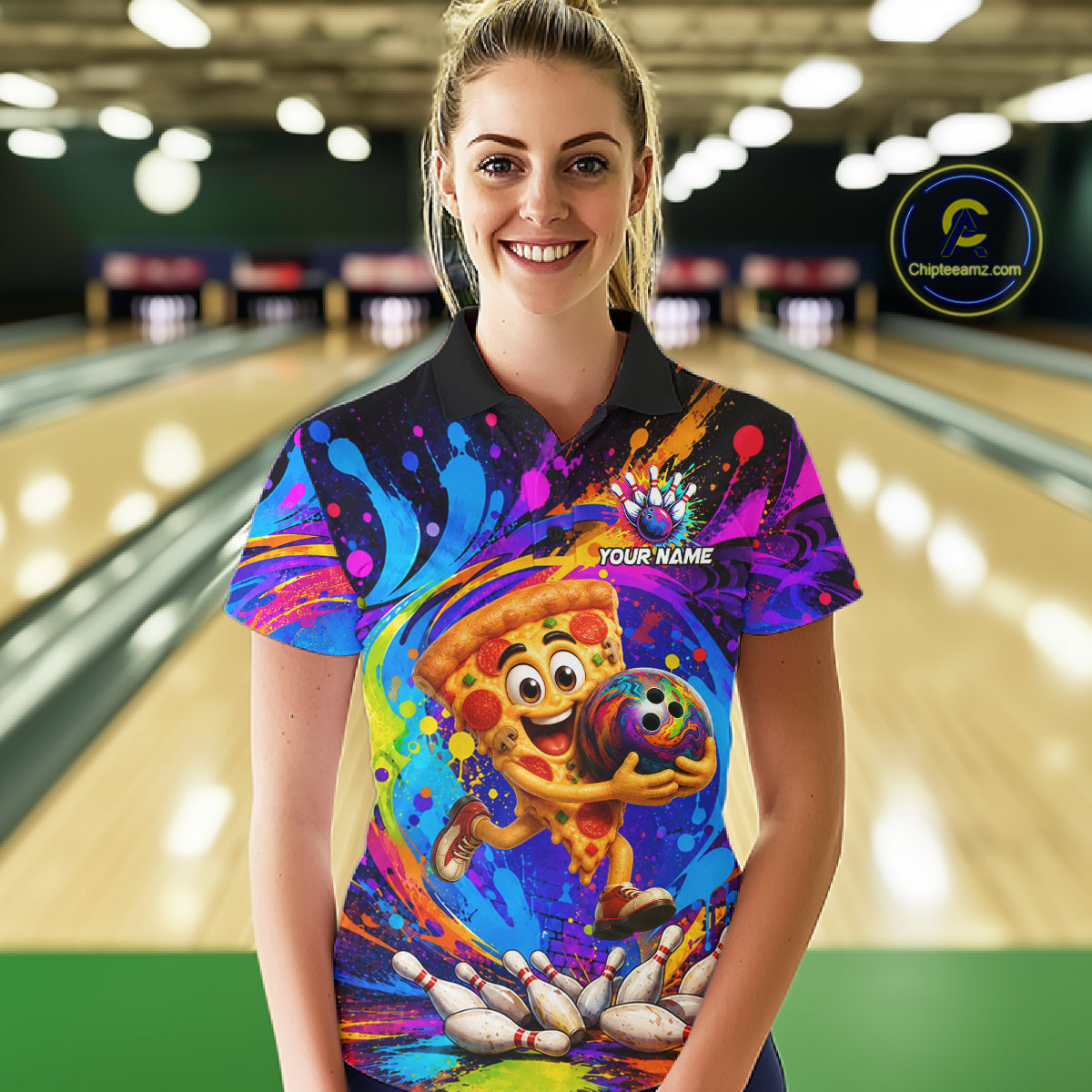 Woman wearing funny pizza colorful bowling team jersey polo shirt featuring funny pizza bowling artwork, front view.